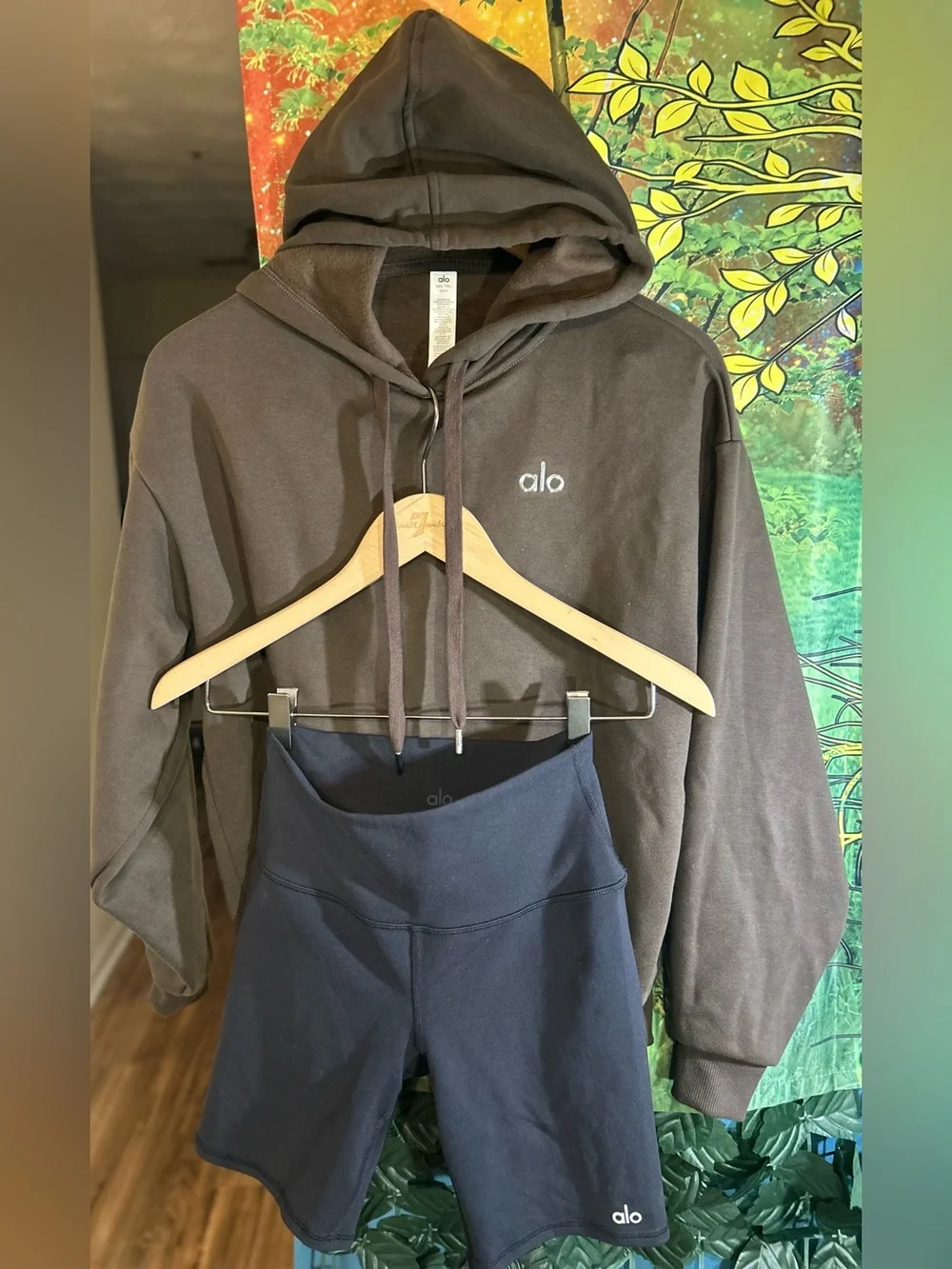 Alo Olive Green Hoodie & Black Alo Biker Short Set ~ ALL IN ONE